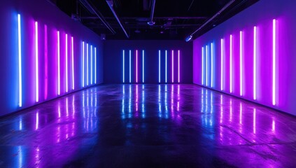 Poster - Vibrant Neon Lights Dance Across a Smooth Floor in an Artistic Space with Colorful Purple and Blue Illumination Creating a Modern and Energetic Atmosphere