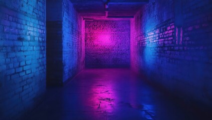 Poster - Vibrant Neon Lights Illuminating an Empty Industrial Corridor with Glowing Walls and Smooth Floor Surface in Cool and Warm Color Palette