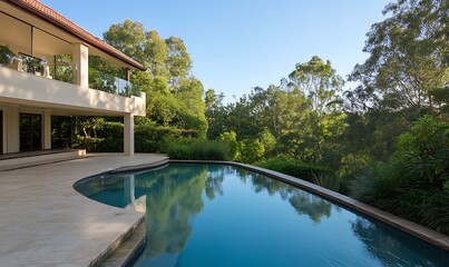 Poster - Modern house with a serene pool surrounded by lush greenery and clear blue skies.
