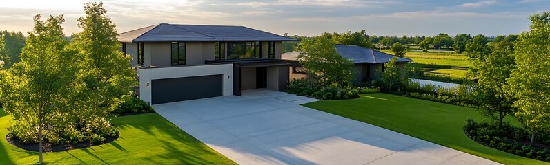 Poster - Modern house with solar panels surrounded by greenery and a spacious driveway under a clear sky.