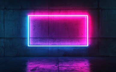 Poster - Vibrant Neon Rectangle Frame on Textured Wall with Blue and Pink Glow Ideal for Digital Art, Modern Design, and Creative Projects