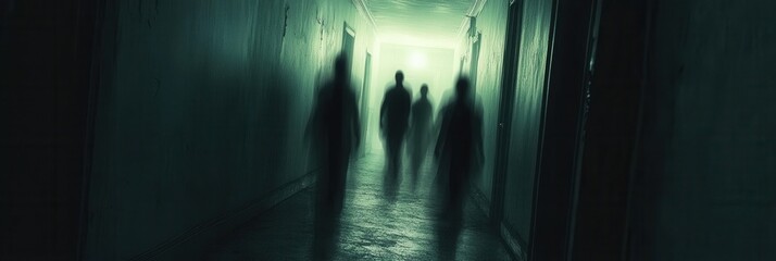 Poster - Dark corridor filled with ghostly figures illuminated by flickering light creates an eerie horror atmosphere