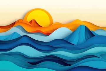 Poster - Vibrant layered paper art background with rolling waves, mountains, and a radiant sun Generative AI