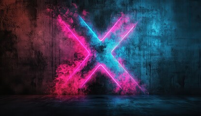 Poster - Vibrant Neon X Symbol Illuminated Against Textured Wall with Colorful Smoke Effects in a Dark Environement for Creative Backgrounds or Designs