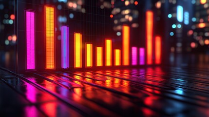 Poster - Neon graph bars reflecting on city night street
