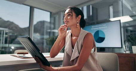 Poster - Woman, tablet and thinking with decision, office or problem solving for project management at startup. Person, stats and charts with digital touchscreen, application or review for solution at company