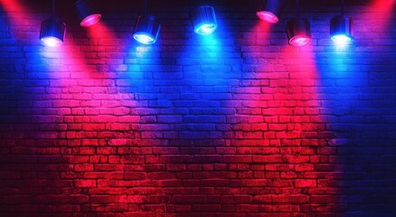 Poster - Vibrant Stage Lighting with Colorful Red and Blue Spotlights Illuminating a Brick Wall Background for Creative Visuals and Artistic Designs