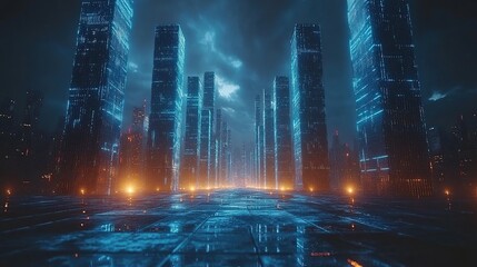 Poster - Futuristic city street, neon glow, digital architecture, path through tall buildings