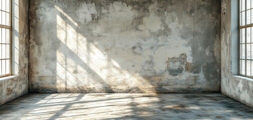 Poster - Vintage Industrial Room with Natural Light Streaming Through Windows and Weathered Wall Texture for Creative Photography and Design Projects