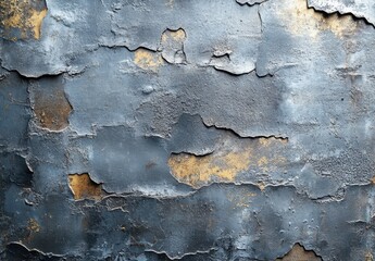 Poster - Weathered metallic surface with cracked paint and intricate textures showcasing a blend of dark grey and gold tones for industrial backgrounds