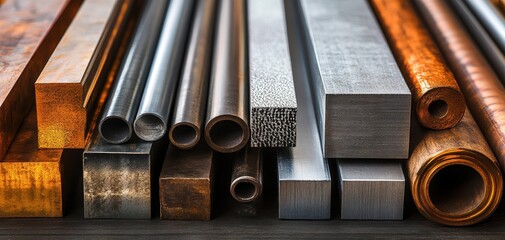 Poster - A Close-Up View of Various Types of Industrial Metal Bars and Pipes Showcasing Different Textures, Finishes, and Colors for Material Exploration