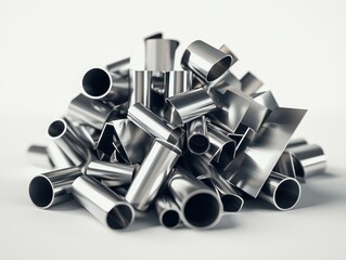 Poster - A Complex Arrangement of Various Metallic Tubes and Sheets Piled Together on a Minimalist Background for Industrial or Artistic Use