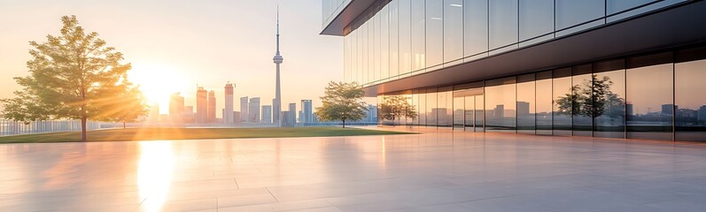 Aufkleber - Modern architecture with a sunset view over a city skyline and greenery in the foreground.