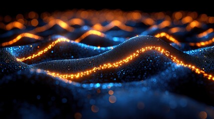 Poster - Abstract digital landscape with glowing orange lines on dark blue surface