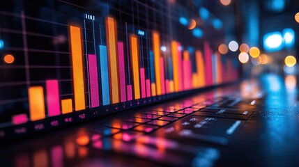 Poster - Colorful financial data displayed on laptop, urban background