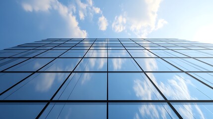 Aufkleber - Modern glass building reflecting clouds against a clear blue sky.