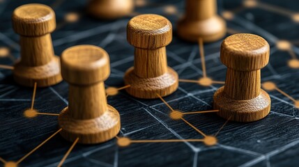 Poster - Wooden pushpins connected by network on dark background