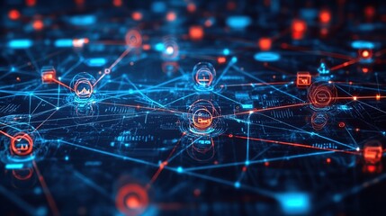 Poster - Networked digital interface, data flow, global connections, showing complex processing