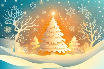 Aufkleber - Charming Christmas paper cutout with glowing tree, snowflakes, and festive ornaments creating a warm holiday ambiance Generative AI
