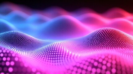 Poster - Abstract digital waves of glowing points; vibrant pink and blue; data visualization