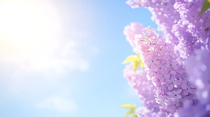 Aufkleber - Delicate lilac flowers basking in sunlight against a clear blue sky.