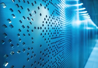 Poster - Abstract close up of perforated metal wall with blue lighting reflections in a modern architectural space, conveying a sense of depth and texture.