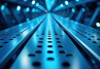 Poster - Abstract close-up of a metallic surface with circular perforations illuminated by blue lights creating a dynamic and futuristic atmosphere