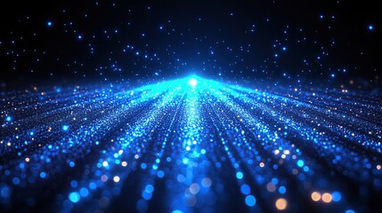 Poster - Blue particle light streaks converging, dark background, digital art, futuristic design