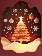 Aufkleber - Festive Christmas paper cutout featuring a cozy tree and seasonal ornaments in a warm holiday atmosphere Generative AI