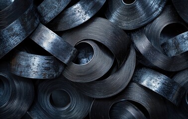 Poster - Abstract close-up of twisted metal strips forming intricate patterns, showcasing textures and shadows in a monochromatic palette, ideal for industrial concepts