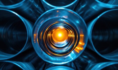 Poster - abstract close-up view of circular glass structures with vibrant orange light shining at the center,