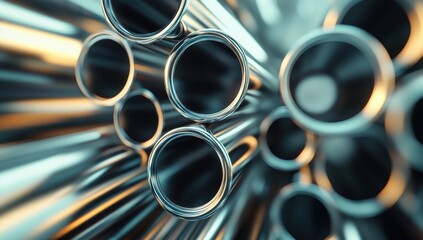 Poster - Abstract close-up view of metallic pipes arranged in a modern industrial setting showcasing reflections and intricate details of shiny surfaces