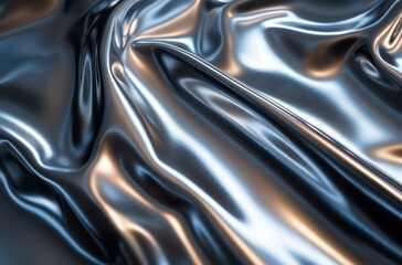 Poster - Abstract close-up view of shiny metallic fabric creating intricate folds and reflections in a captivating textured pattern with rich depth and light play