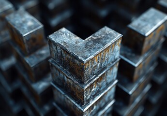 Poster - Abstract close-up view of textured metallic blocks arranged in a geometric pattern creating a striking visual composition of rusted steel and industrial design.