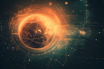 Aufkleber - Abstract Cosmic Planet with Bright Orbits and Digital Lines