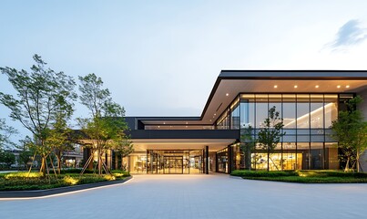 Aufkleber - Modern architectural building with large glass windows, surrounded by greenery and a spacious driveway.