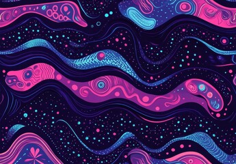 Poster - Abstract Colorful Pattern of Flowing Lines and Shapes in Bright Shades of Pink, Blue, and Purple on Dark Background for Creative Projects