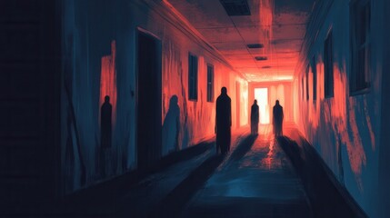 Aufkleber - Dark corridor filled with shadowy ghostly figures and flickering lights creating a cinematic horror atmosphere