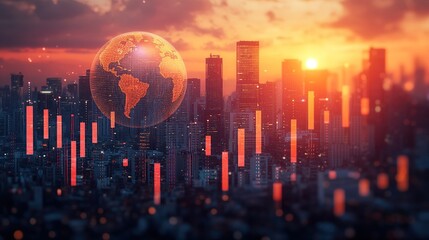 Poster - Global Market Decline Sunset Cityscape with Falling Stock Prices