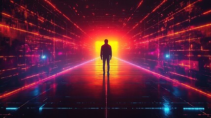 Poster - Silhouetted figure walking futuristic tunnel, glowing neon lights