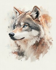 ็High quality print design, Artistic watercolor wolf portrait with blue eyes.