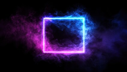 Poster - Abstract glowing square frame surrounded by vibrant pink and blue smoke on a dark background for creative graphic design and conceptual artwork
