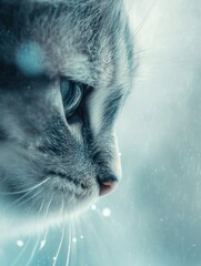 Aufkleber - Expressions of melancholy captured through a blurred view of a cat against a muted blue and gray rainy backdrop Generative AI