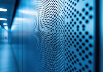 Poster - Abstract image of a blue perforated wall texture in a modern interior space with soft lighting and a minimalistic aesthetic ideal for design projects