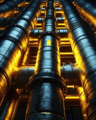 Poster - Abstract industrial background with large, dark metallic pipes illuminated by glowing yellow lights in a futuristic urban environment