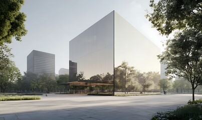 Aufkleber - Modern glass building surrounded by greenery, showcasing innovative architecture in an urban setting.