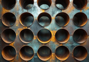 Poster - Abstract metal background with circular cutouts creating a modern industrial design featuring textured surfaces and contrasting colors of rust and teal