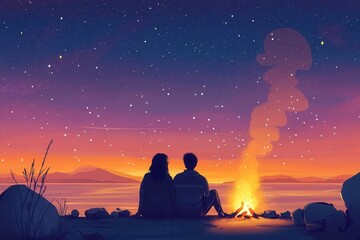 Poster - Couple sits by a campfire under a starry sky with a warm romantic glow and dreamy atmosphere at twilight lakeside