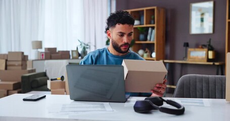 Poster - Businessman, home logistics and laptop with box for ecommerce or small business distribution. Man, employee or distributor with parcel or package on computer for delivery, invoice or courier service
