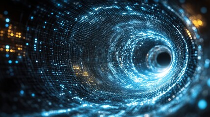 Fototapete - Digital vortex tunnel swirling light, dark background, futuristic tech concept